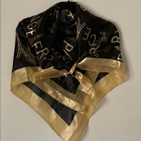 Scarf, black/gold stripes square polyester, 38 in - Picture 1 of 8